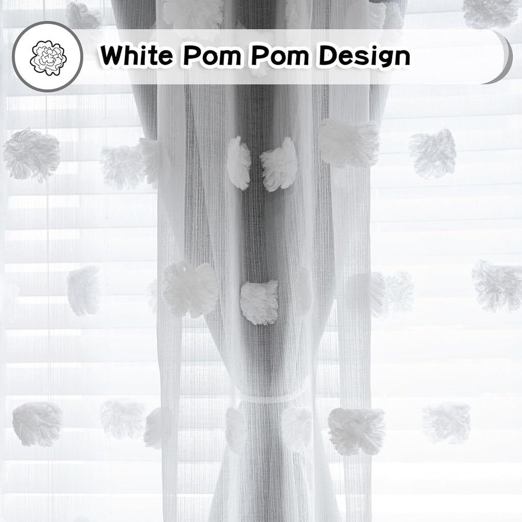 Living Room Curtains, 84 Inch Long Grey Blackout Curtains with Pom Pom Trim, Double Layer Sheer Drapes for Kids Room