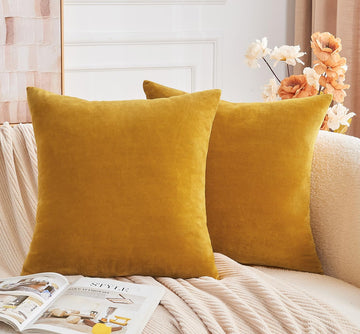 Throw Pillow Covers Mustard Yellow Set of 2 20x20 Inch Fall Pillow Covers, Soft Velvet Farmhouse Neutral Decorative