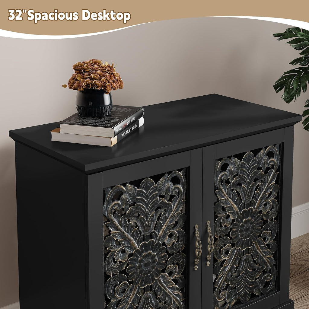 Vintage Accent Cabinet with 2 Doors, Credenza | Hand Painted Carved Door Sideboard & Buffet Cabinet, Wood Storage