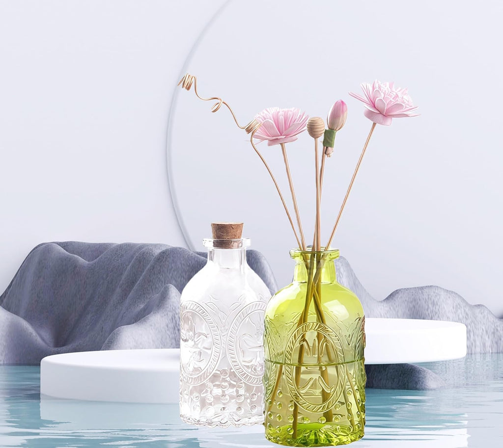 Amber Glass Reed Diffuser Bottles,Apothecary Diffuser Decorative Bottles with Cork Lid,Small Flower Bud - Set of 2