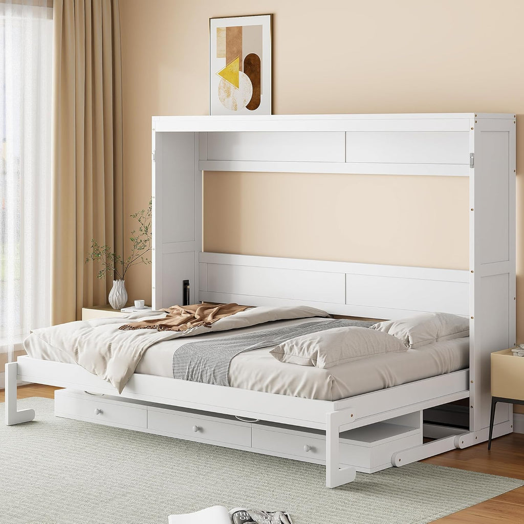 Wall Murphy Bed with Storage, Foldable Cabinet Bed with Vanity Desk, Center Mirror & 2 Side Drawers, Queen, White