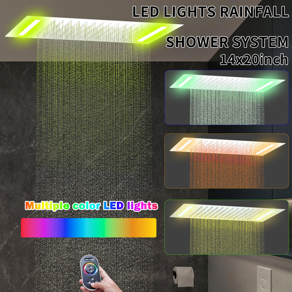 Dual Rain Shower Head System Ceiling Mount 14x20inch LED Shower Head and 8 Inch Side Shower Head with Handheld