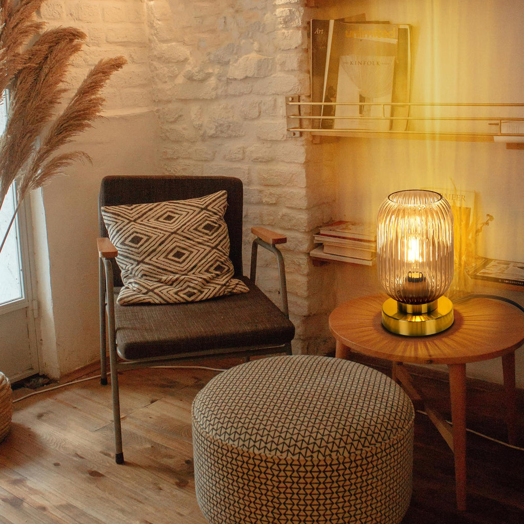 Mid Century Modern Table Lamp with Amber Ribbed Glass Shade, Touch Control & 3 Way Dimmable, Small Gold, Vintage