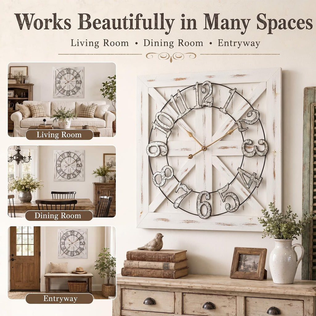 30 Inch Square Farmhouse Wall Clock, Silent Non Ticking Rustic Wooden Clock with Galvanized Numbers, White Vintage