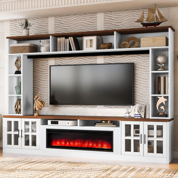White Farmhouse TV Stand with Fireplace, Large Entertainment Center with Bookshelves, Glass Doors & Adjustable