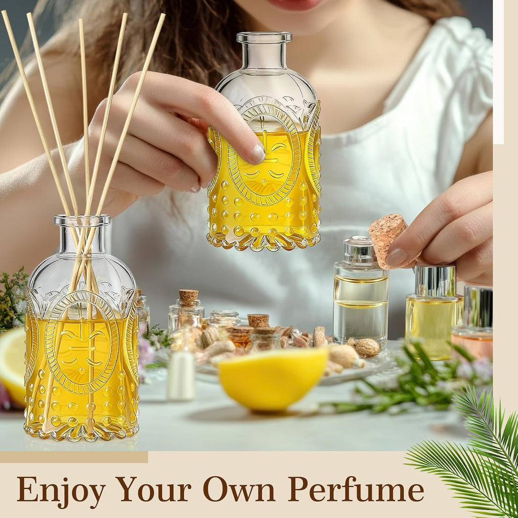 Set Glass Reed Diffusers Bottles Vintage Design Embossed Fleur - Set of 2