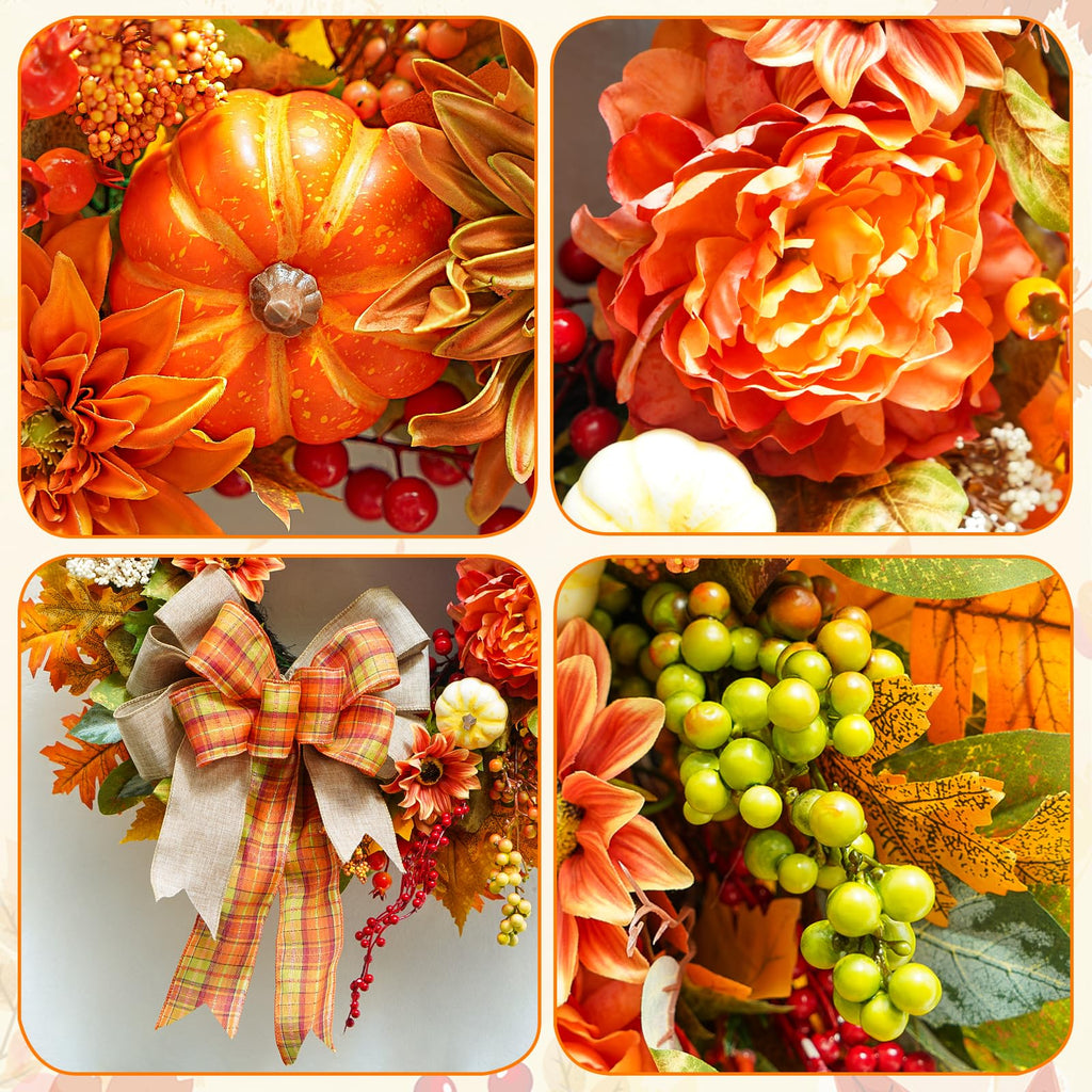 Fall Wreaths for Front Door 24", Fall Door Wreath with Plaid Bow & Dahlias