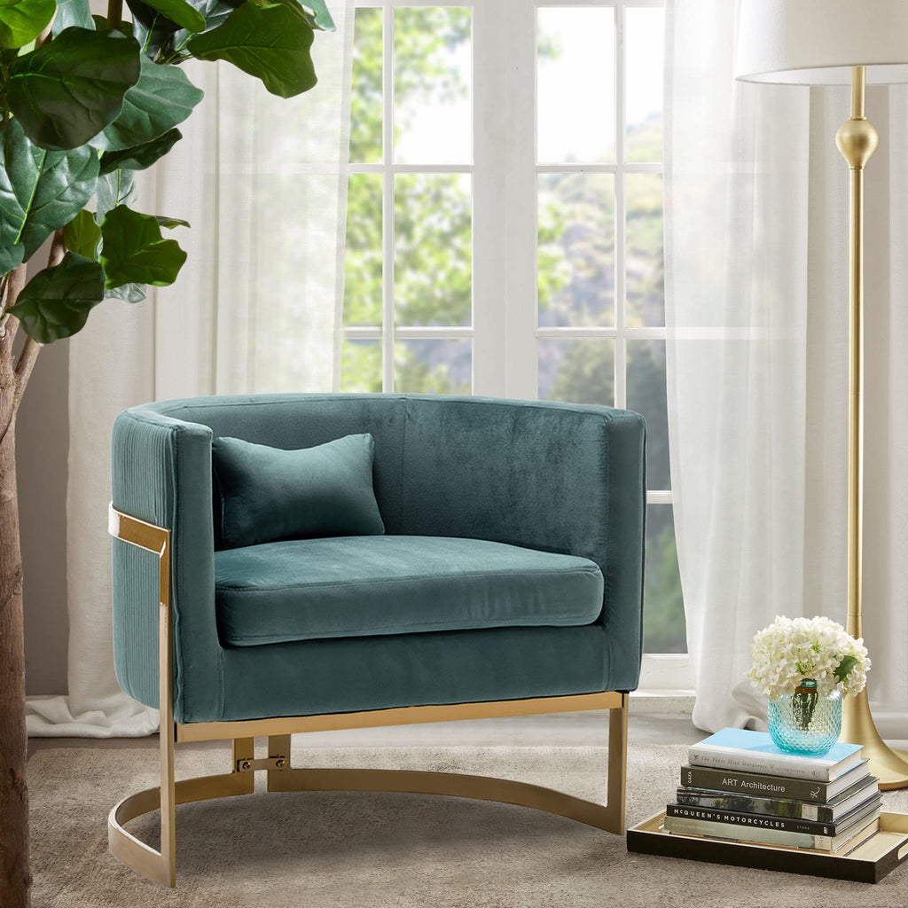 Velvet Barrel Accent Chair Lake Blue with Gold Legs