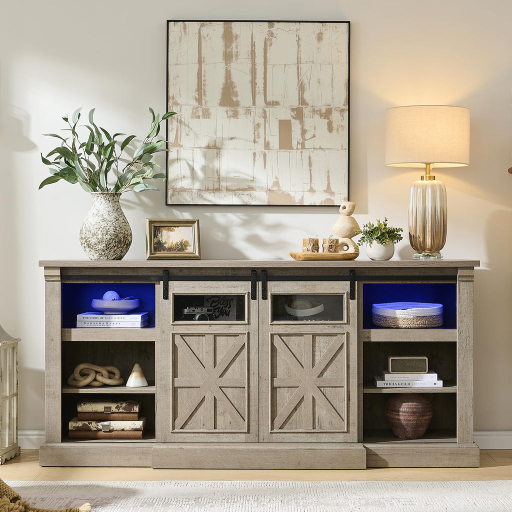 Fireplace TV Stand for up to 80 Inch TVs, 32'' Tall LED Entertainment Center with Electric Fireplace, Farmhouse TV