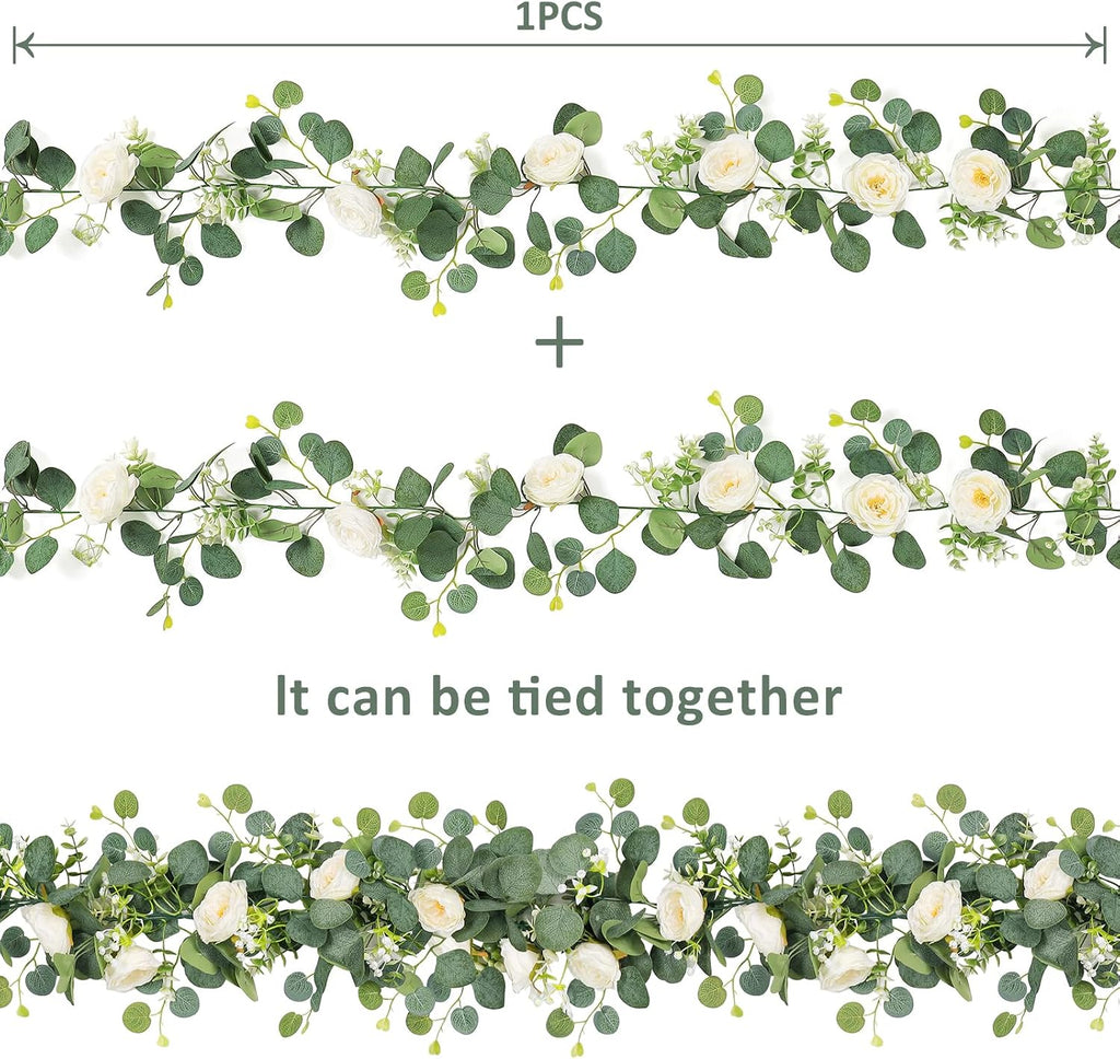 Artificial Eucalyptus Flower Garland with White Roses - Set of 4