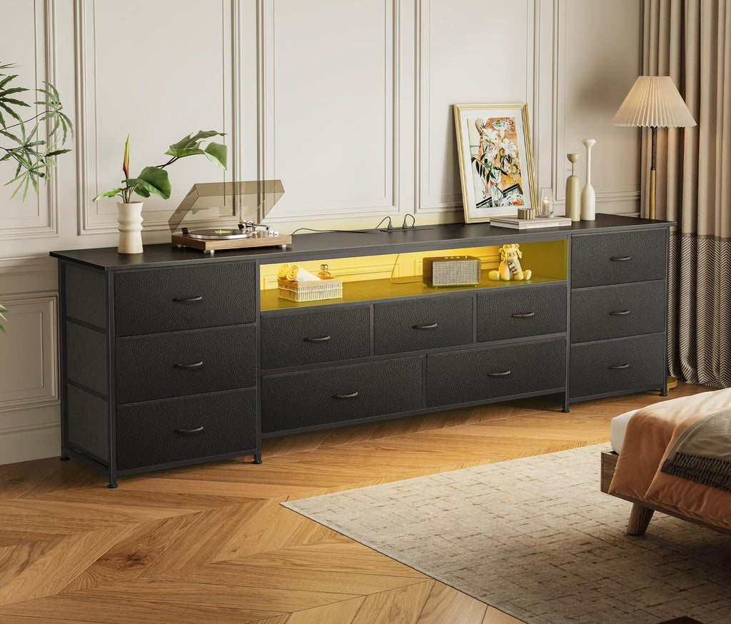 78.7 Inch TV Stand for 75, 80 Inch TV, 11 Drawer Long Dresser with Power Outlets and LED Lights, Entertainment Center