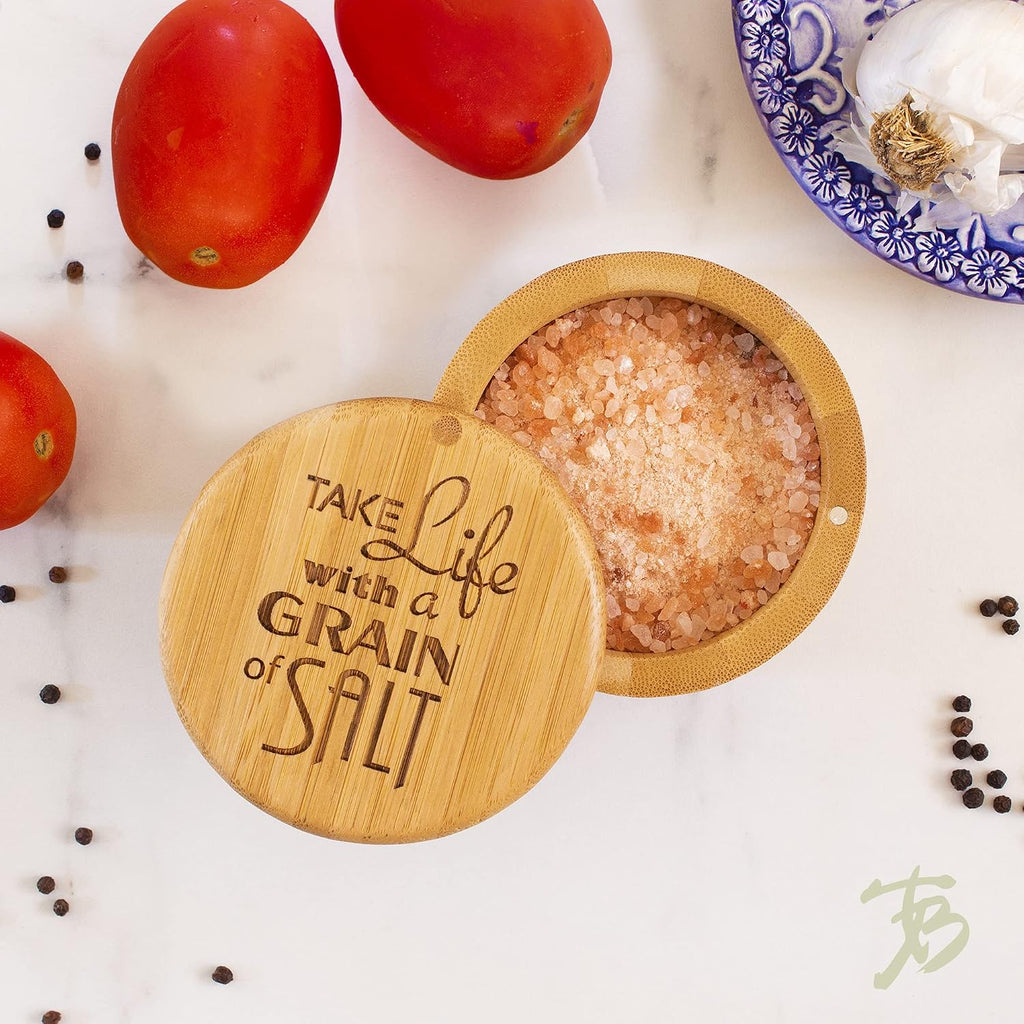 Salt Cellar Bamboo Storage Box with Magnetic Swivel Lid, 6 Ounce Capacity, "Take Life with a Grain of Salt" Engraved