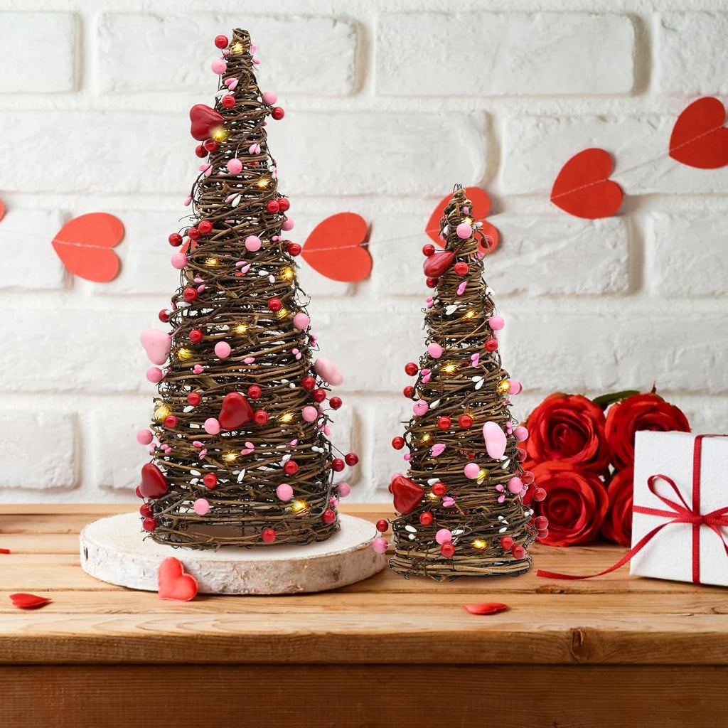 Valentines Day Rattan Table Tree Decor,Lighted Valentines Day Decorations - Set of 2