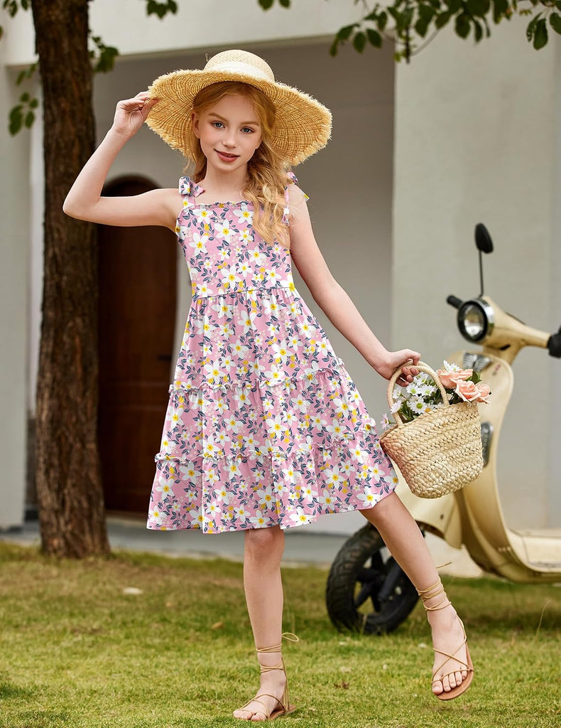 Girls Summer Dress Tween Boho Casual Bowknot Strap Sundresses