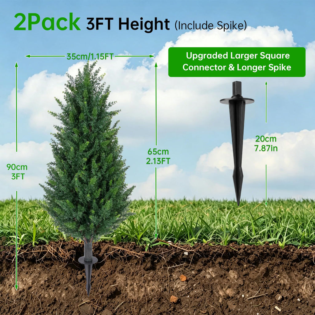 3FT Artificial Cedar Topiary (2 Pack) with Ground Spike, Home & Garden Decor