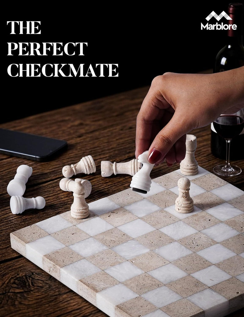 Marble Chess Set 10 Inch Handmade White & Travertine Chess Board with & 2 Extra Queens, Classic 2 Player - Set of 32