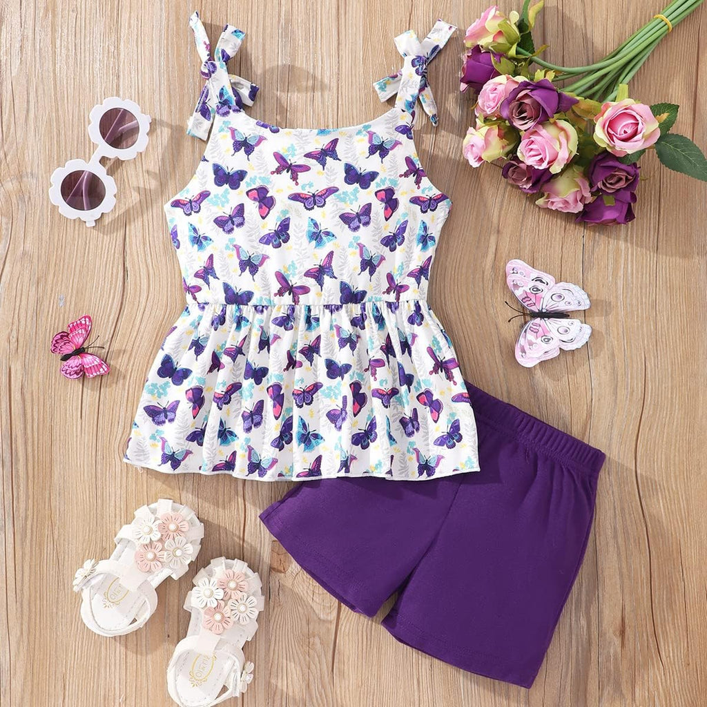 Toddler Girls Clothes Summer Short Set Outfit Tie Knot Shoulder Sleeveless Ruffle Tops and Shorts 2PC Clothing Set