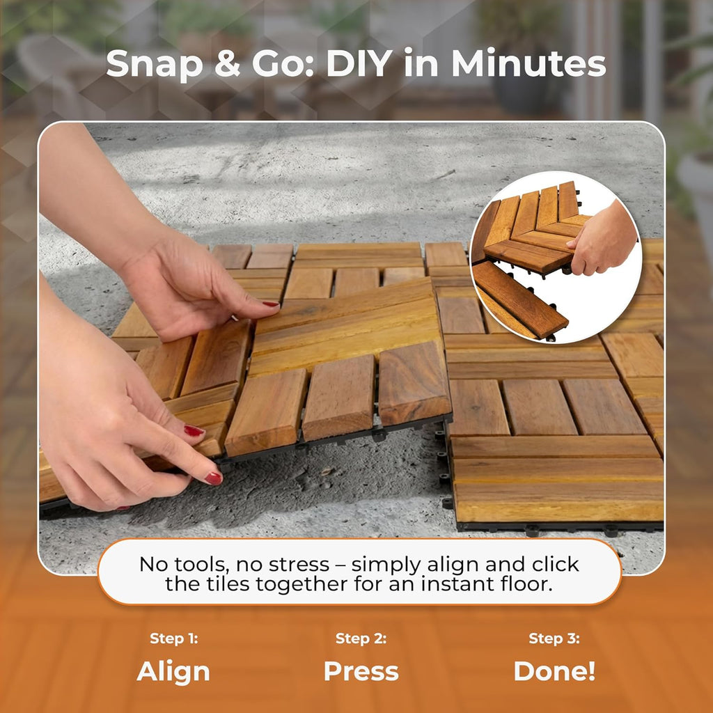 Interlocking Slat Deck Tiles, Acacia Wood Interlocking Deck Tiles - Easy Installation for Patio Flooring & Walkways