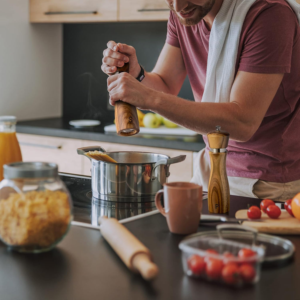 Wooden Salt and Pepper Grinder Set: Refillable Salt & Pepper Mills Adjust for Customized Coarseness, Crafted of Solid - Set of 2