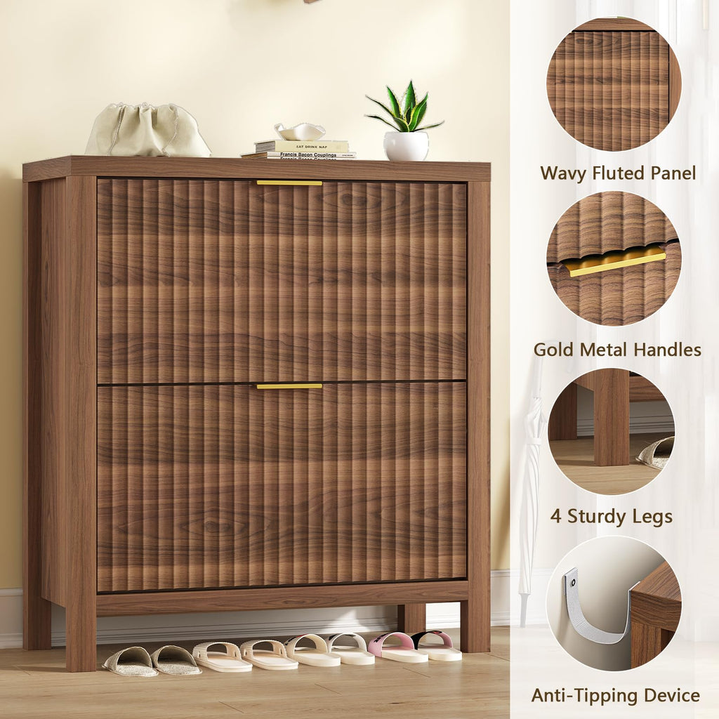 Fluted Shoe Cabinet Storage with 2 Flip Drawers