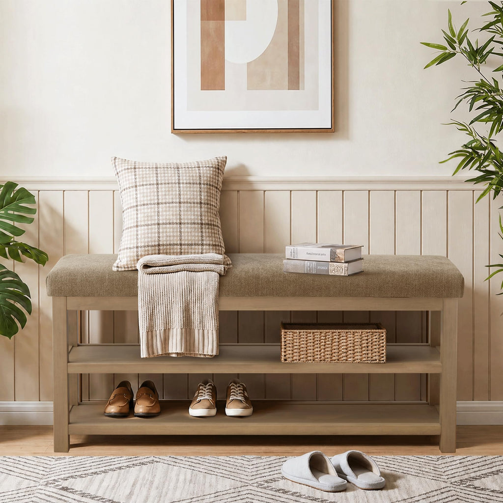 Shoe Rack Bench with Cushion, 2 Tier Solid Wood Storage Bench, Mid-Century Modern Shoe Bench, Closet, Front Door
