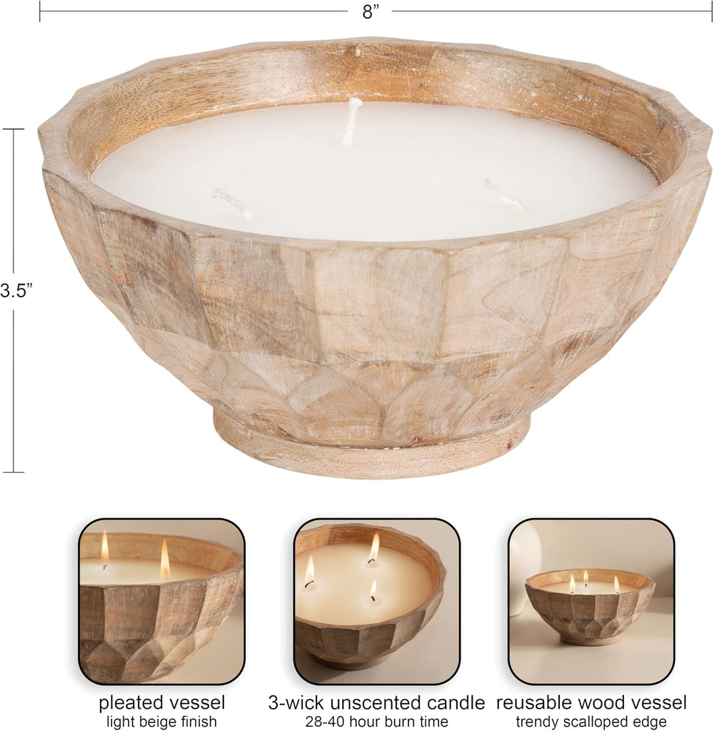 Plete Round Pleated Wood Candle Bowl, 8 Inch Diameter, Light Natural, Modern Scalloped Three-Wick Unscented Candle