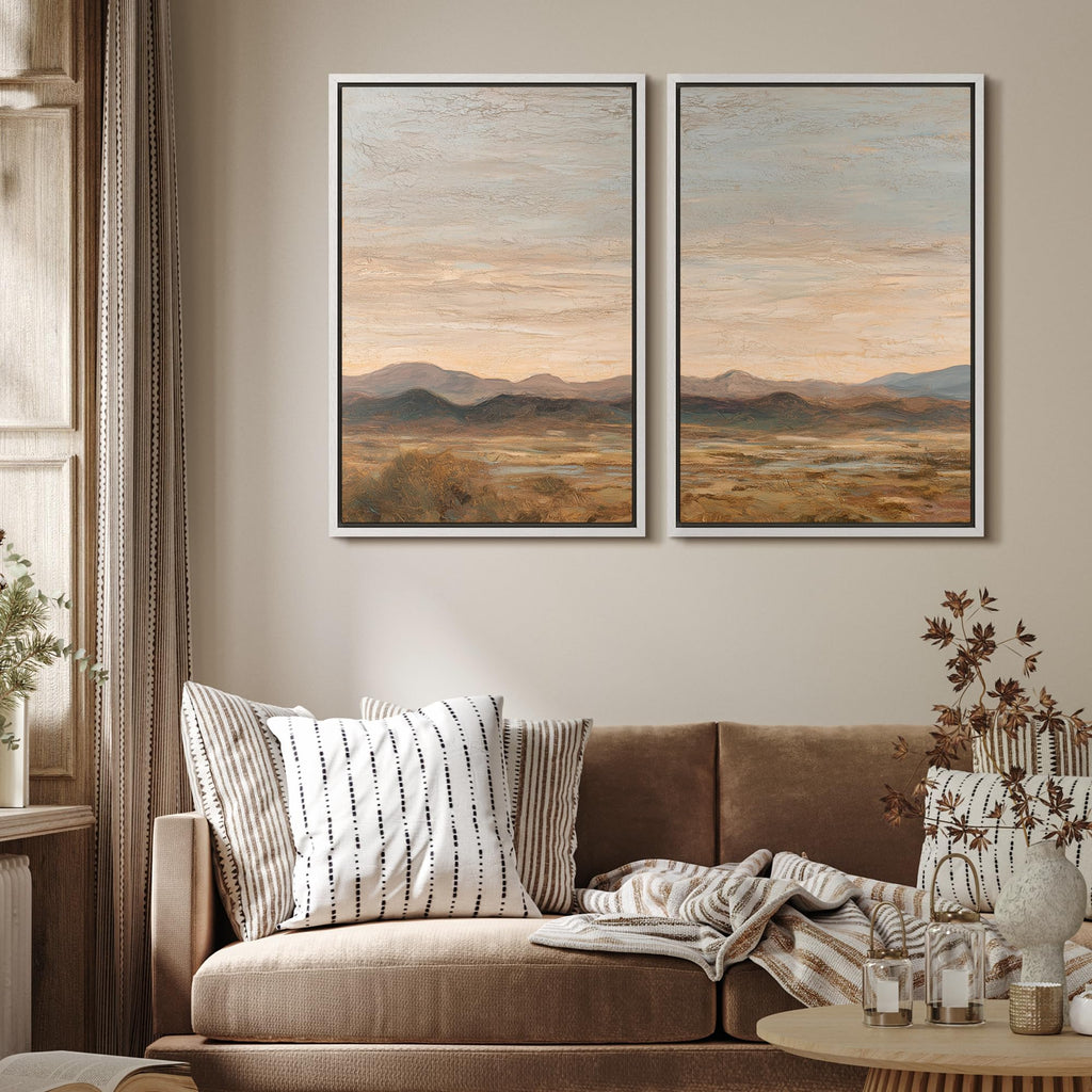Framed Canvas Print Wall Art Set Warm Earth Tone Mountain Landscape Illustrations Modern Art Decorative Zen