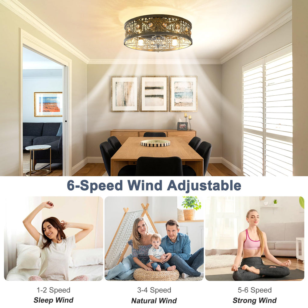 20" Caged Ceiling Fans with Lights, Low Profile Crystal Fandelier