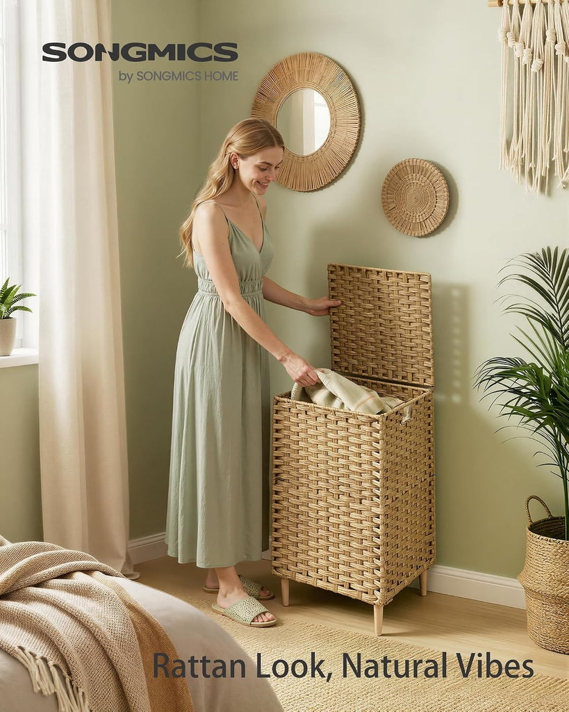 Laundry Hamper with Lid, 25 Gal (95L) PE Rattan Laundry Basket with Removable Washable Liners, Goose Yellow