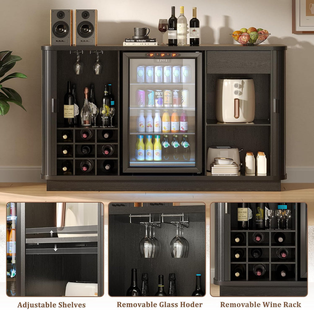 Coffee Bar Cabinet with Fridge Space, Liquor Wine Bar Cabinets with Wine Rack and Glass Holder, Mini Fridge Cabinet