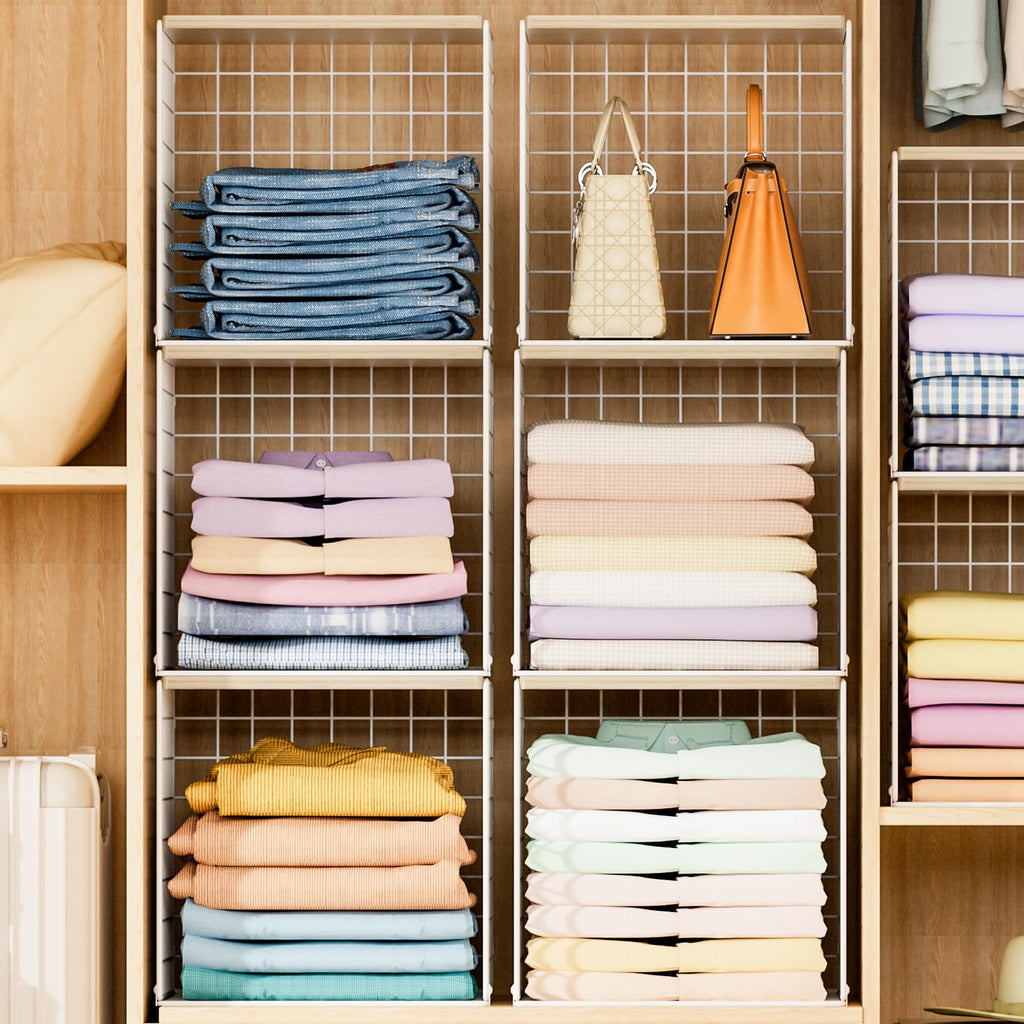 6 Pack Stackable Closet Organizer, Closet Organizers and Storage Shelves with Wood Tops, Metal Storage Bins for