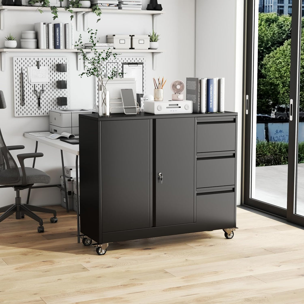 3 Drawer File Cabinet, Office Mobile Filing Cabinet, Printer Stand | All-in-One Office Storage, 3 Storage Drawers, 2