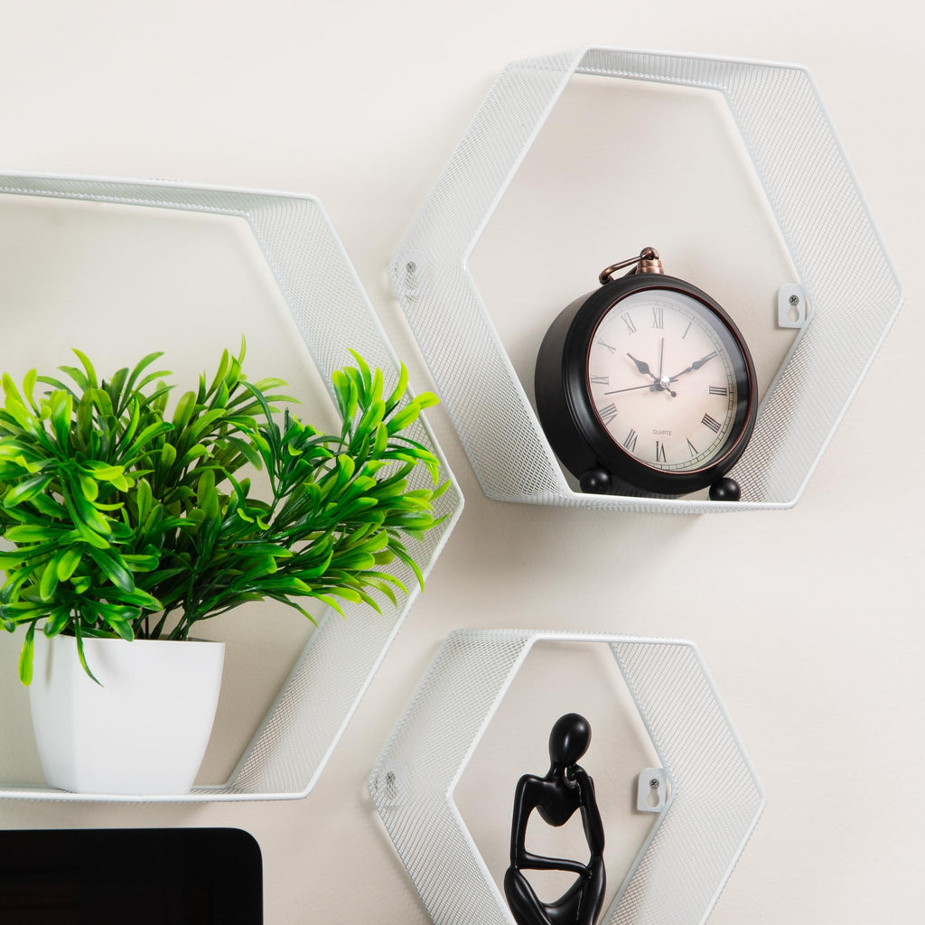 Hexagon Floating Shelves, Wall Decor, Honeycomb Accent Shelf, Office, Metal Mesh, 14" L x 4" W x 12" H, Set of 3