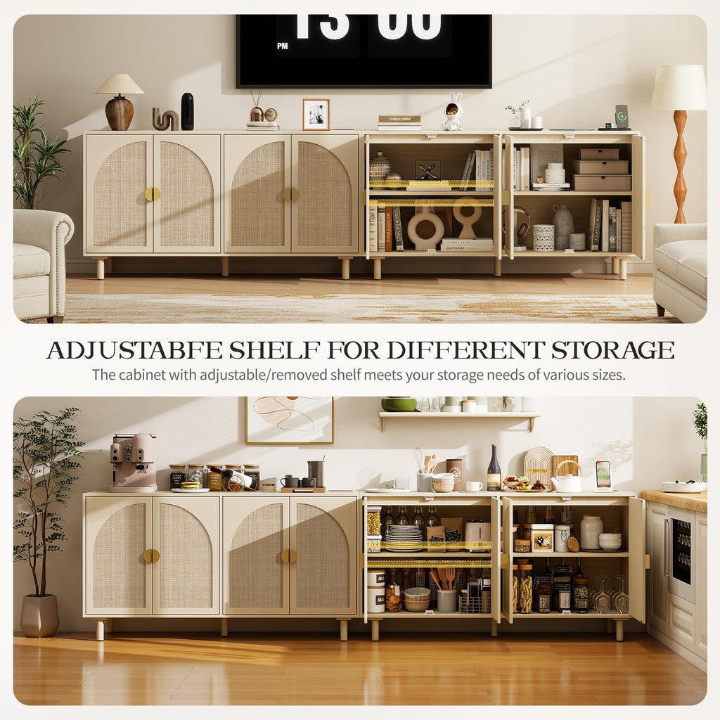Rattan 4 Door Accent Sideboard Cabinet, Storage Buffet with Adjustable Shelves & Solid Wood Legs, Credenza with