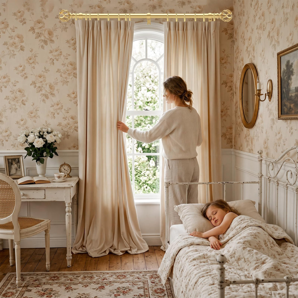 Gold Decorative Farmhouse Curtain Rods:72-144" Adjustable Heavy Duty Single Window Curtain Rod Living Room, Brass Gold