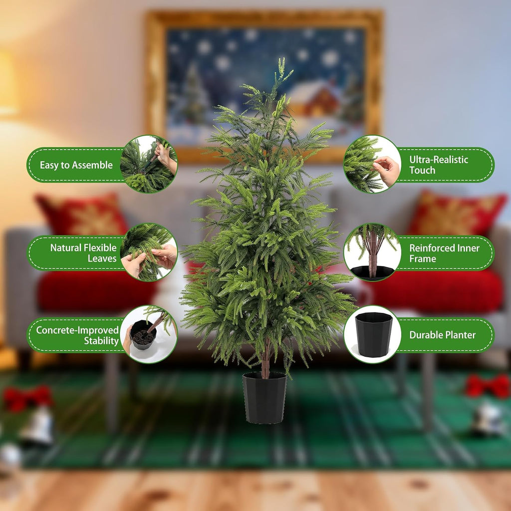 4FT Artificial Norfolk Pine Christmas Tree, Real Touch Faux Potted Tree with Pot for Indoor Outdoor Home Decor