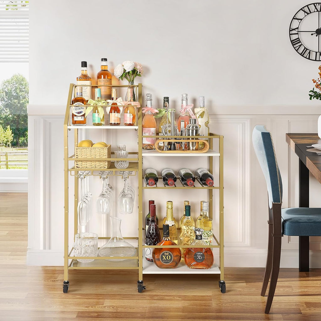 Gold Bar Cart With Wine Glass Holder, Stand , Small Mini Bar for Whiskey Wine, Liquor Cart, Alcohol Cabinet