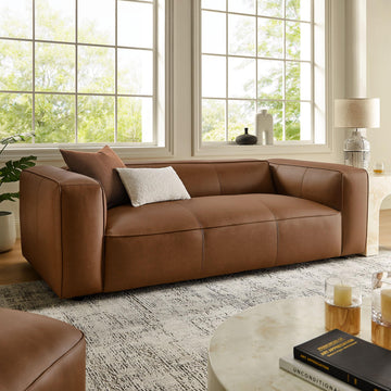 Auren Vegan Leather Sofa in Coffee - Faux Leather Couch - Comfy Modern PU Leather Sofa - Oversized Mid Century Modern