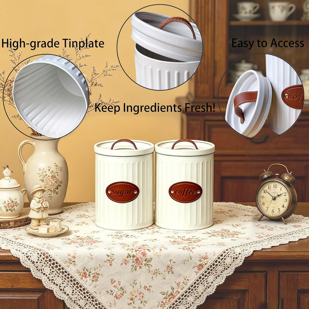 Metal Food Canister Set, 37oz, White, Airtight, for Coffee, Sugar, Beans, Pods, Rustic Farmhouse Kitchen - Set of 2
