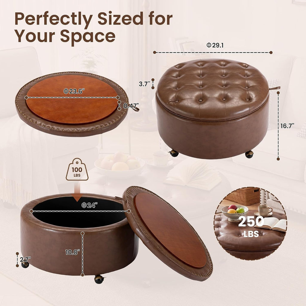 29" Round Storage Ottoman with Reversible Tray, Faux Leather Tufted Coffee Table, Foot Rest Stool with Lockable