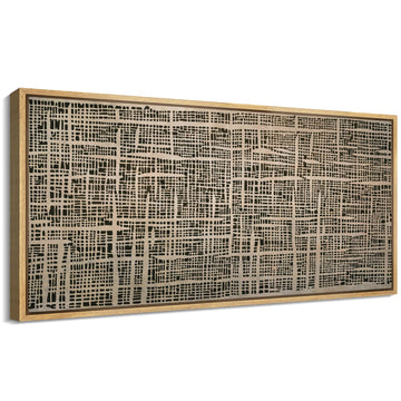 Extra Large Framed Canvas Print Wall Art Modern Geometric Grid Abstract Black and Beige Contemporary Illustrations