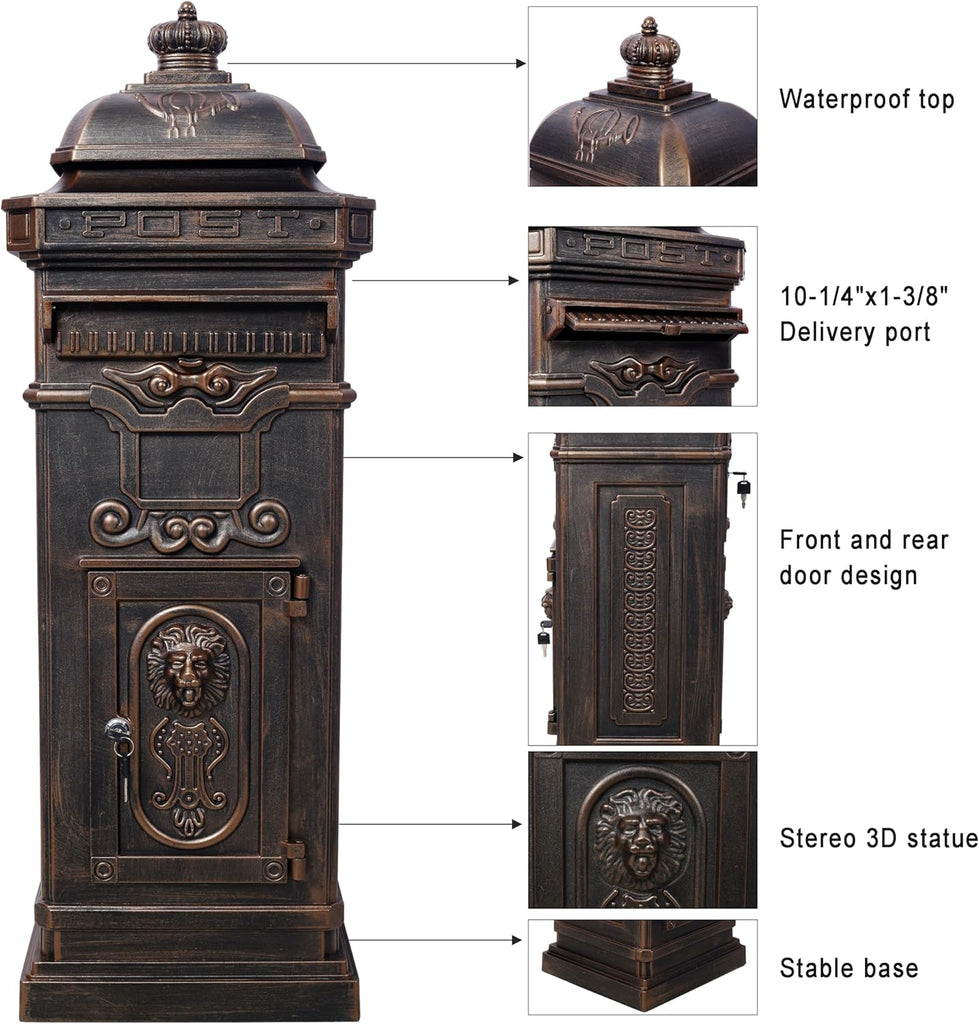 Copper Mailbox, Large Lockable Package Drop Box with Roman Statue, Rustproof Cast Aluminum Mail Boxes Mount Design
