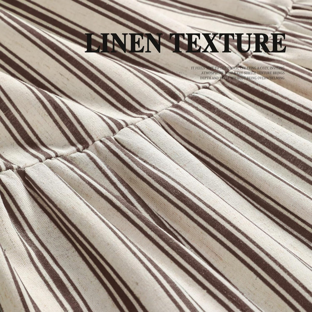 Farmhouse Linen Shower Curtain with Ruffle Hem, Cream & Brown Stripe — 72"W x 96"L Extra Long