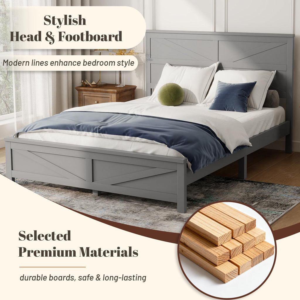 Rustic Platform Bed Frame with Barn Door Design Headboard and Footboard, Pine Wood Bed with Wooden Slats