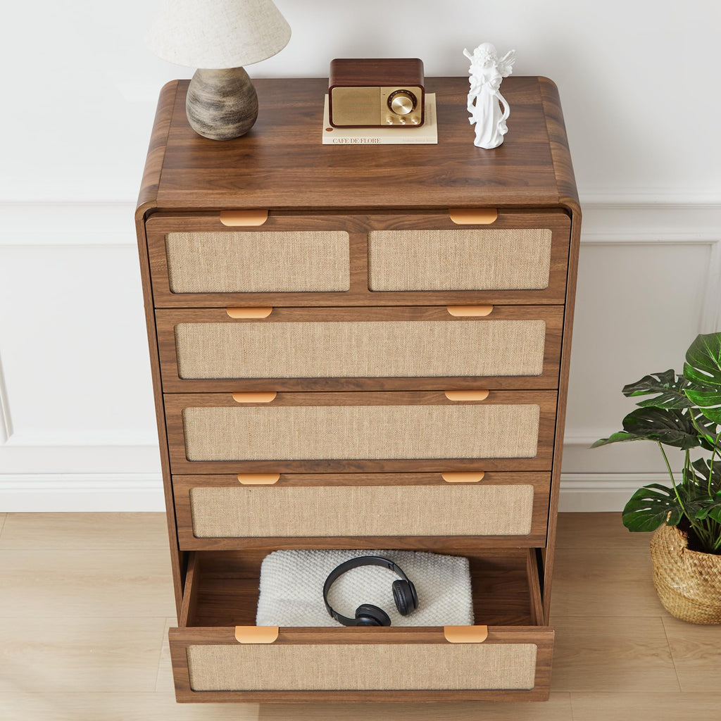 43" Tall 5 Drawer Dresser, Modern Wood Dresser, Walnut
