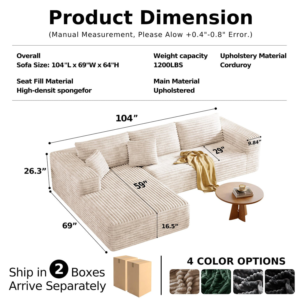 104" Boneless Sectional Couch