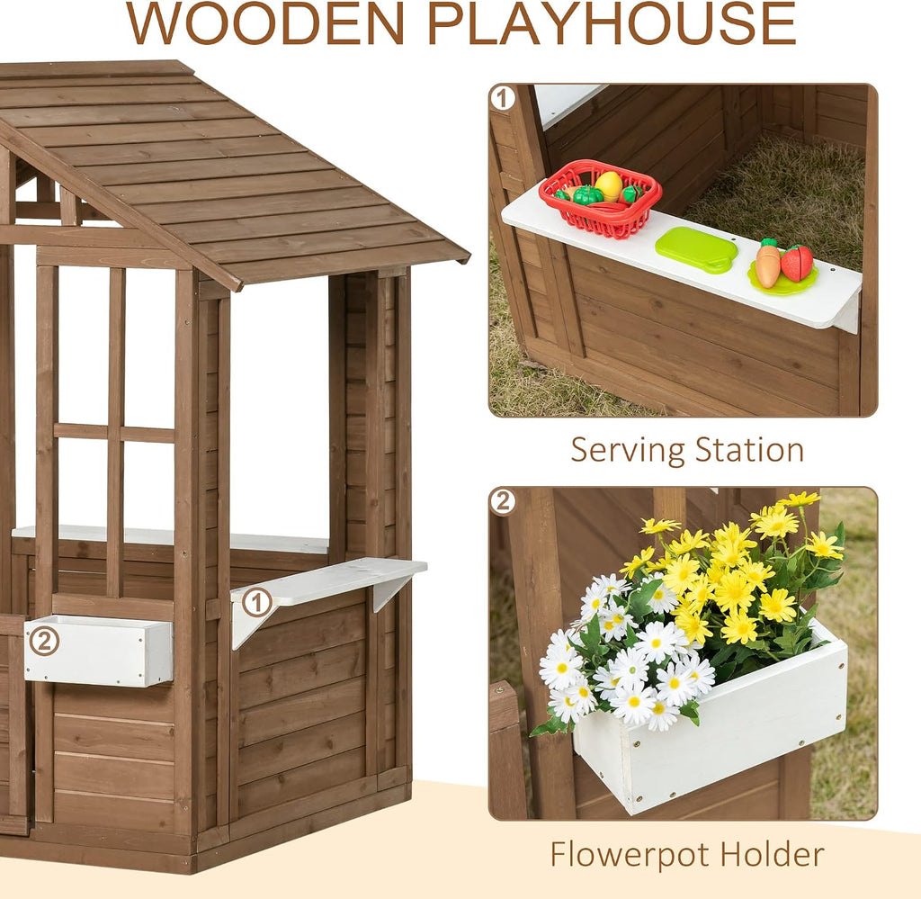 Outdoor Playhouse Wooden Kids Playhouse with Working Door Brown | Windows, Kids Cottage, Flowers Pot Holder, Backyard