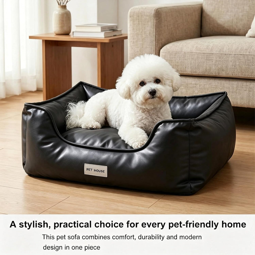Faux Leather Dog Bed, Waterproof Cat Sofa Bed with Non-Slip Bottom
