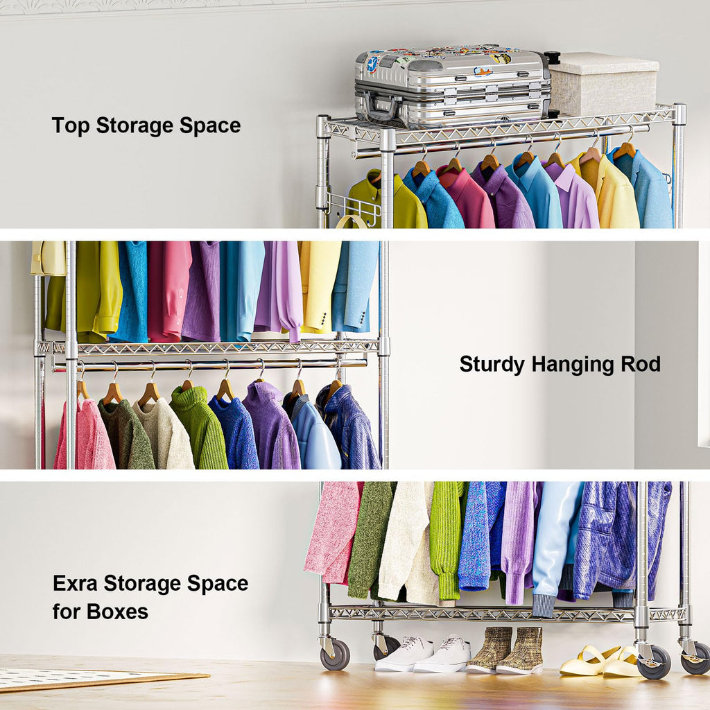Heavy Duty Rolling Garment Rack 3 Tiers Adjustable Wire Shelving Clothes Rack with 2 Rods and Side Hooks, Storage