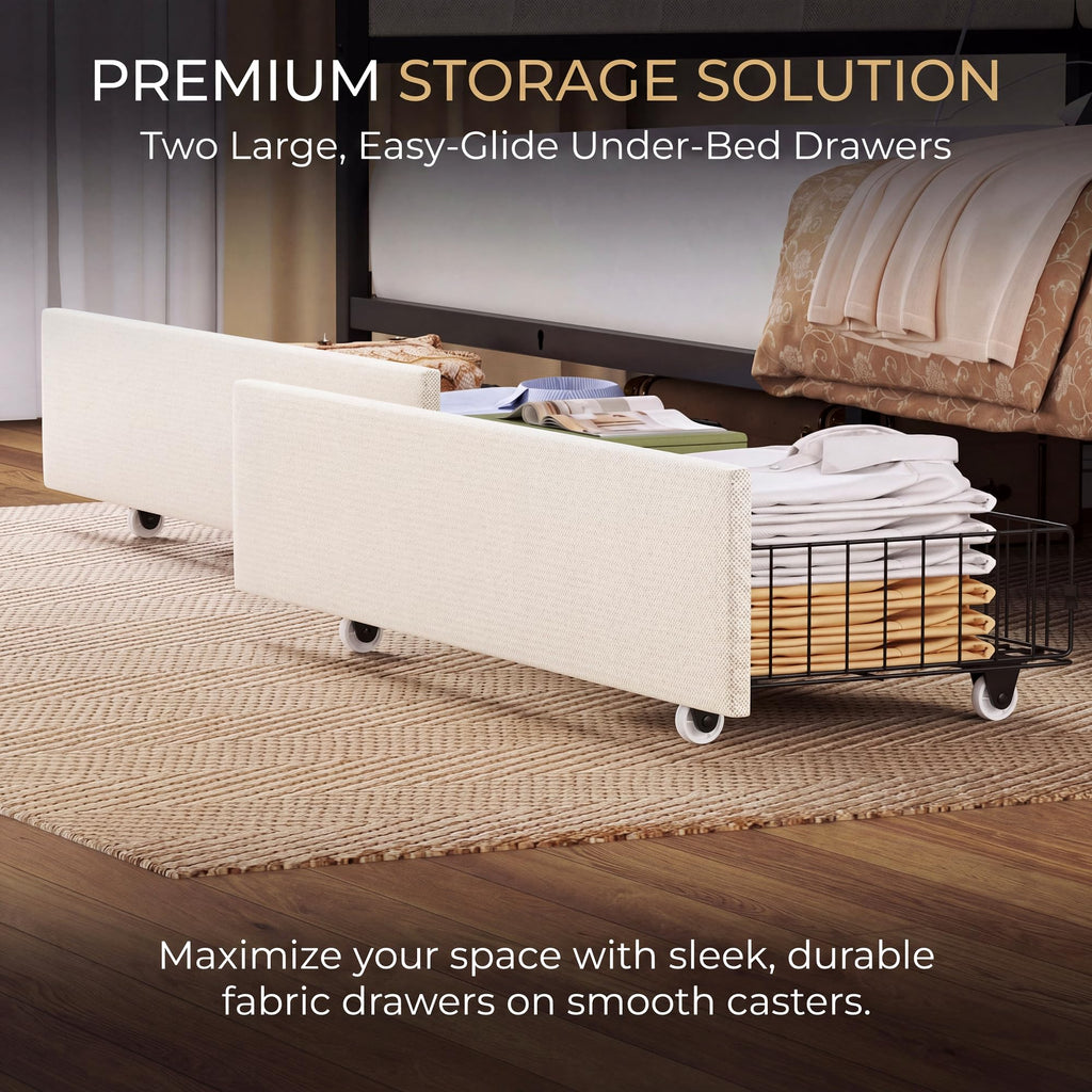 Twin Corner Bed Frame with 2 Storage Drawers, Daybed with LED Lights and Charging Station, Metal Platform Bed Frame